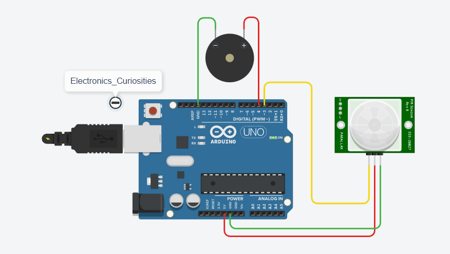 Motion detection with alarm alert using Arduino board with code and circuit Connection