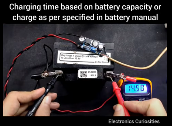 Charging 12v bike battery using 5v phone charger and step-up boost converter.