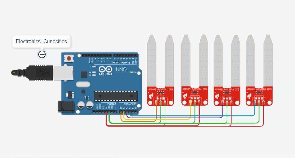 Connecting 4 Moisture sensor to Arduino Board with code and Circuit Diagram